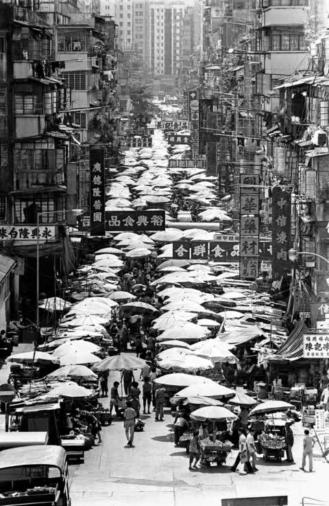 A sea of sun shades covers the market on Cheung Wah Street. A rising population made huge demands on Hong Kong’s food supply. A sea of sun shades covers the market on Cheung Wah Street. A rising population made huge demands on Hong Kong’s food supply.